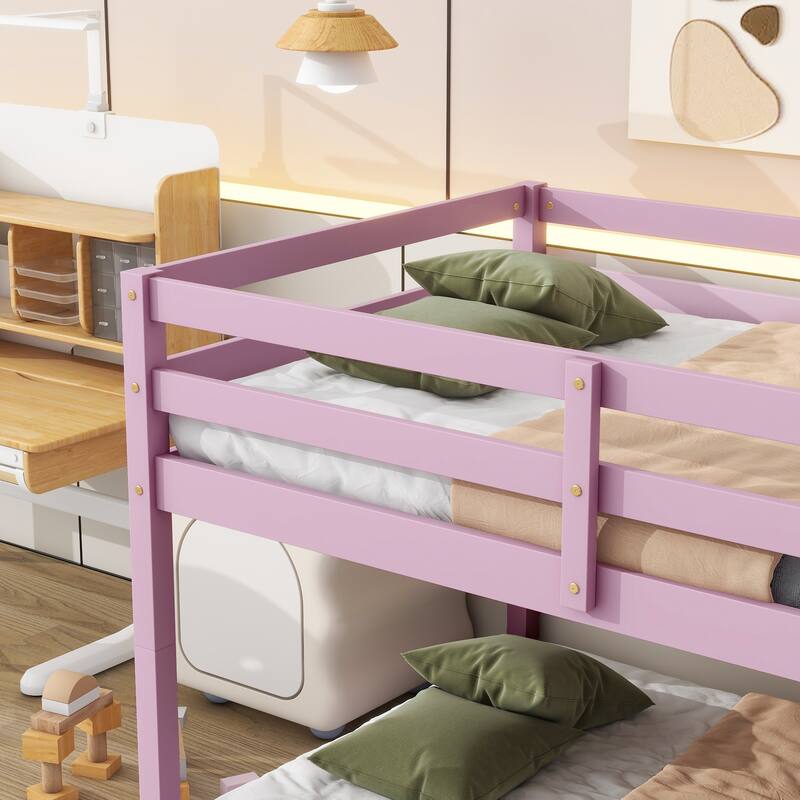 Solid Wooden , Solid Rubber Wooden Over Loft Bed With Ladder ,Upper And Bottom Bed Platforms Crafted With Strengthened Slats - Pink