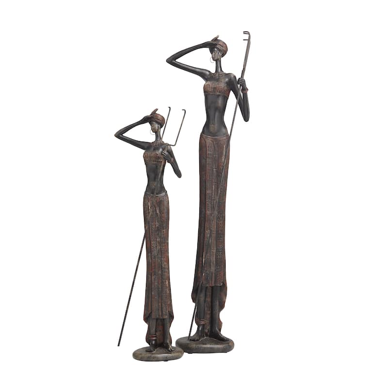 Polystone People Handmade Tall African Women Decorative Sculpture with Carved Dresswear - Set of 2 Red - Roche River Decor