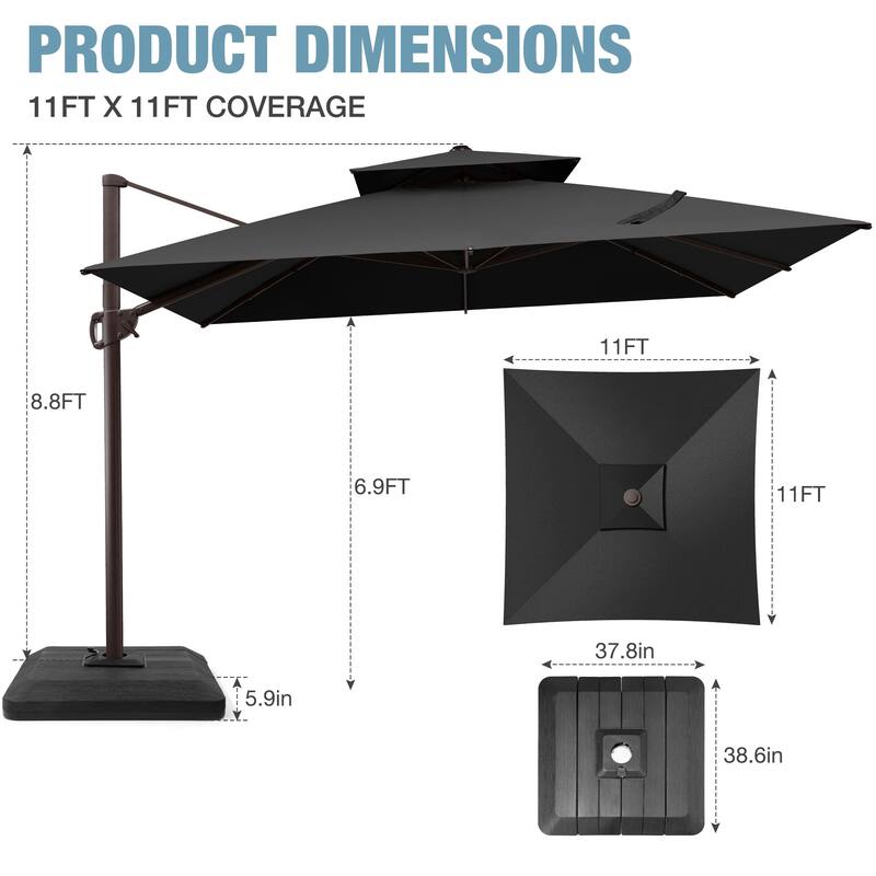 VredHom 11 FT Square Outdoor Patio Double Top Cantilever Umbrella with Weight Base