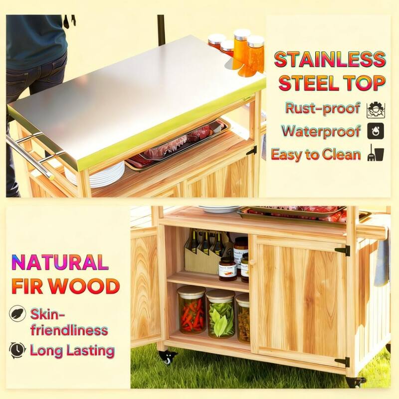 GDFStudio Outdoor Alaric Stainless Steel Grill Cart with Solid Wood Storage and Mobile Design