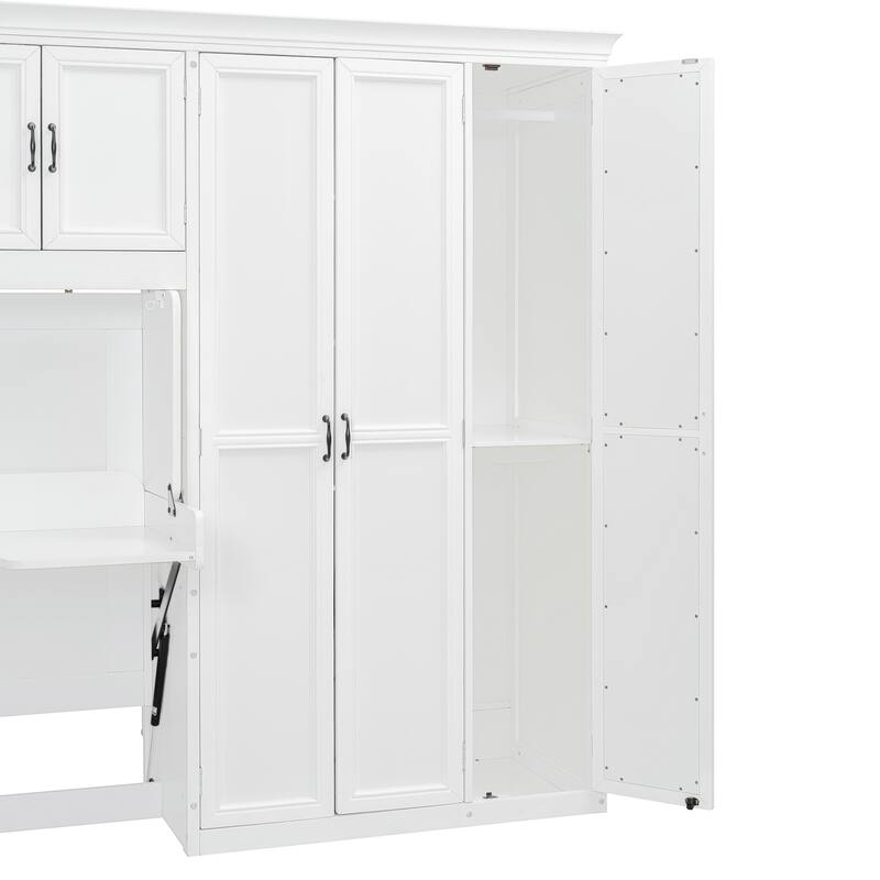 Space-Saving Twin Murphy Bed with Wardrobe, Desk, and Storage, White