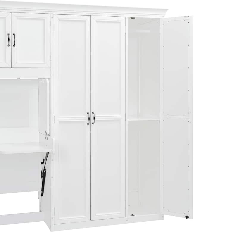 Versatile Twin Size Murphy Bed Fold-down Storage Wall Bed with Temporary Desk, Top Cabinets, Side Wardrobe, Drawers and Shelves
