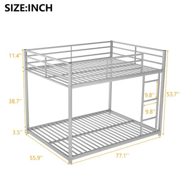 Silver Full over Full Size Metal Low Bunk Bed with Ladder and Fence for Kids