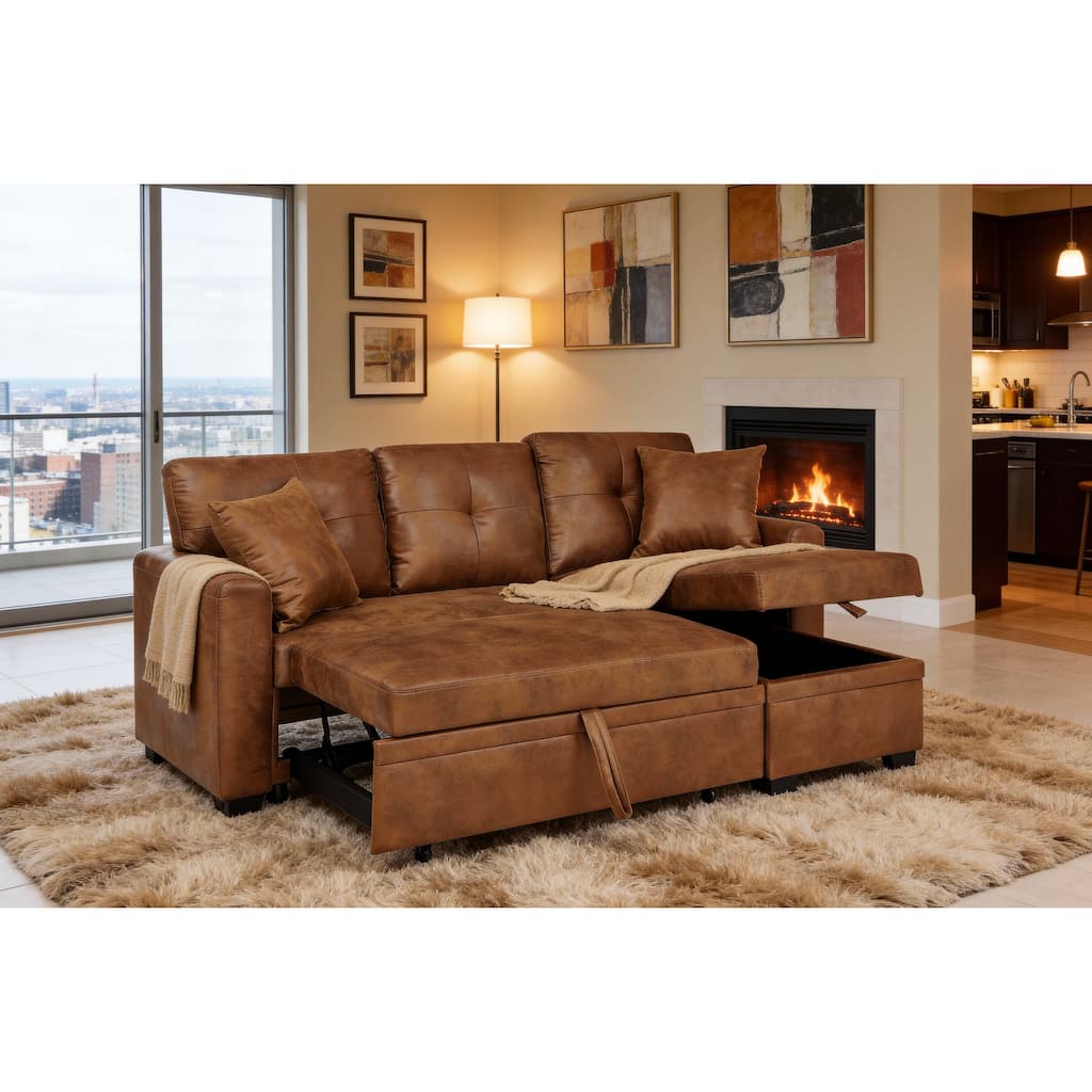 GDFStudio Seraphina Sleeper Sectional with Pull-Out Bed, Reversible Chaise and Storage