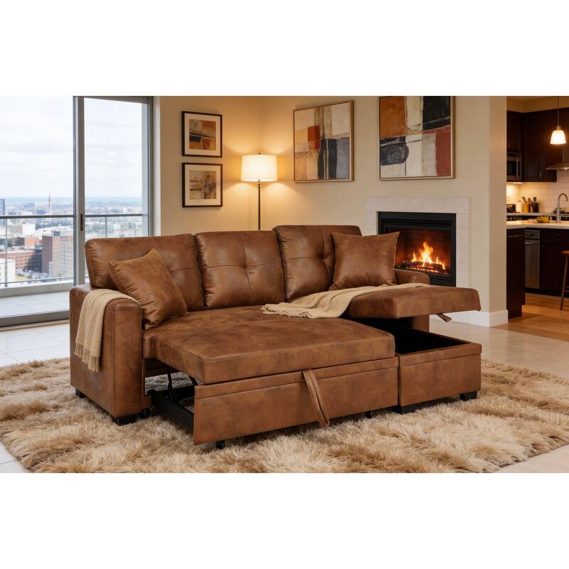 Sleeper Sofa,Sectional with Pull-Out Bed, Reversible Chaise, Storage Sectional, Convertible Sofa Bed, L-Shaped Sofa - Light Brown