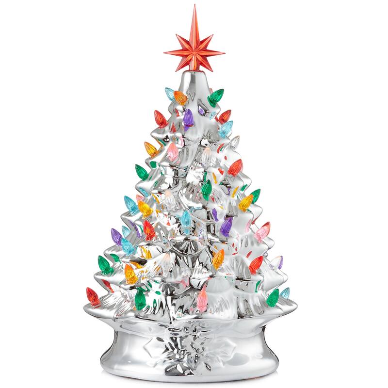 15in Hand Painted Ceramic Christmas Tree Silver PreLit Tree w Star - Silver