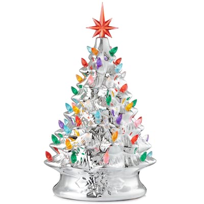 15in Hand Painted Ceramic Christmas Tree Silver PreLit Tree w Star