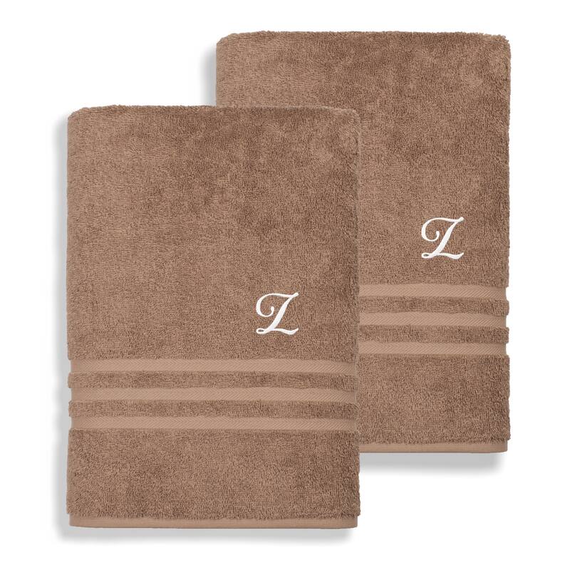 Authentic Hotel and Spa Omni Turkish Cotton Terry Set of 2 Latte Brown Bath Towels with White Script Monogrammed Initial - Z