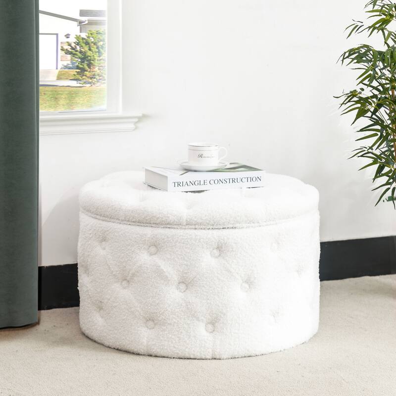 Adeco Round Velvet Button Tufted Storage Ottoman Footrest Footstool - White