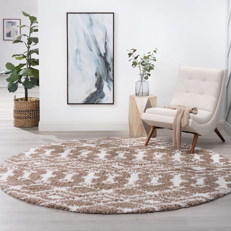 Joy Shag Mediterranean Geometric Indoor Area Rug - 5'3'' Round - Tan