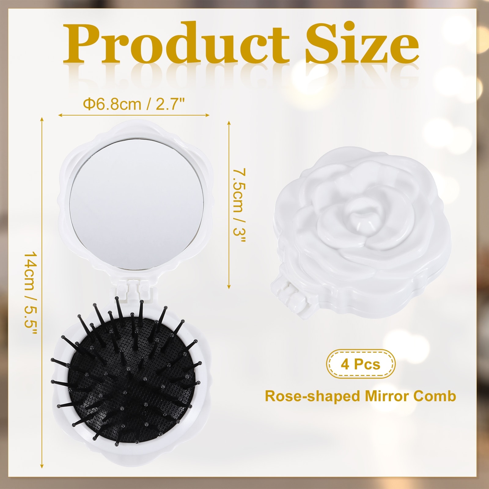 Travel Hair Brush with Mirror, Rose Shape Mini Massage Hairbrush Portable Makeup Pocket Folding for Women Girls Gym