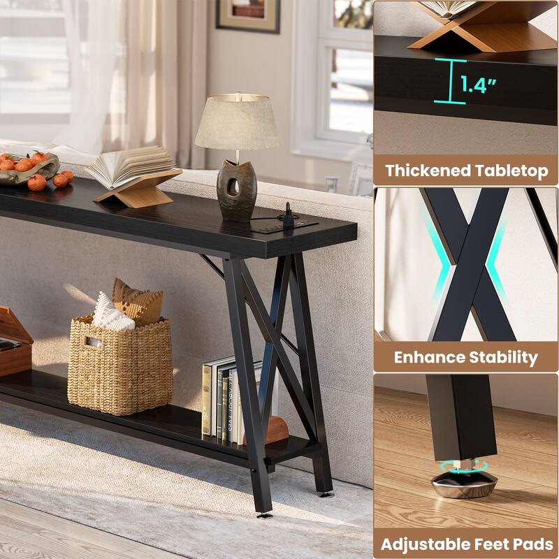 70.9'' Extra Long Console Table Sofa Table with Charging Station and Storage Shelf,Industrial Hallway Entry Table