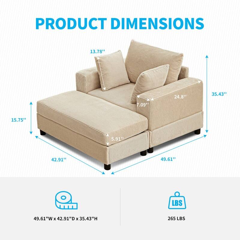 Mixoy 50 "D Sofa Chair with Ottoman, 2 Cushions, Large Corduroy Upholstered Comfy Chaise Lounge Deep Seat Sleeper Chair Indoor
