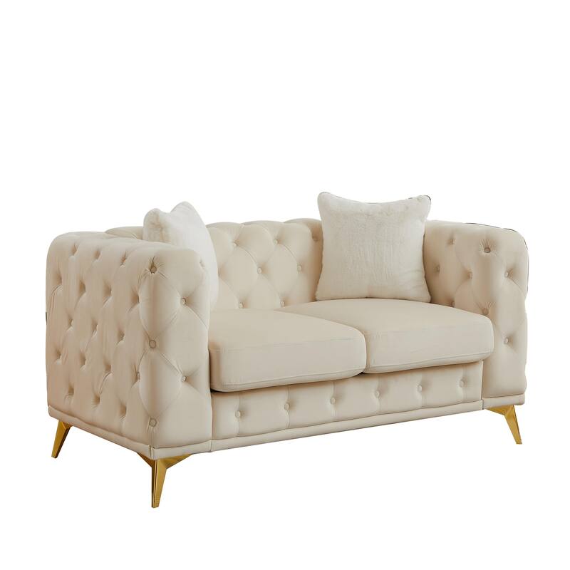 Velvet Chesterfield Loveseat Sofa, Tufted Button Upholstered 2 Seater Sofa, Lounge Sofa Chair with 2 Pillows & Metal Legs