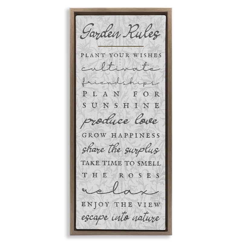 Stupell Garden Rules on Floral Pattern Framed Floater Canvas Wall Art Design By Lil' Rue - 15 x 31 - Brown