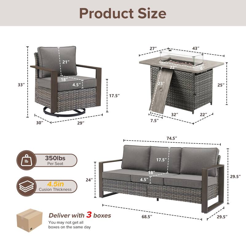 Meyreso Wicker Outdoor Patio Fire Pit Set with Swivel Gliders & 4.5" Olefin Cushions