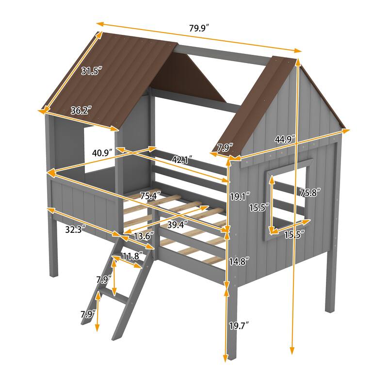 Kids Twin Size Low Loft House Bed with Windows and Roof, Durable Pine Wood Frame, Semi-Enclosed Design for Better Sleep
