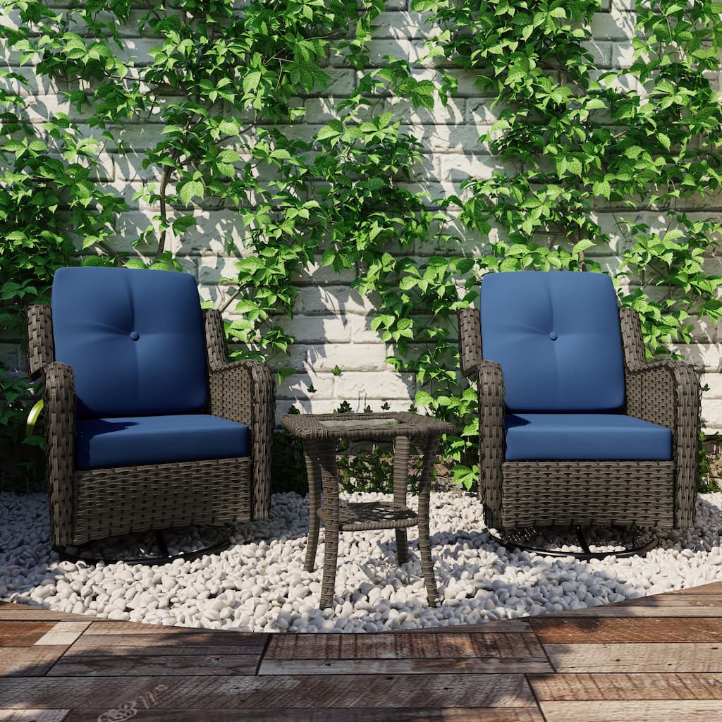 3 Piece Rattan Patio Bistro Set Outdoor Swivel Rocker Chairs