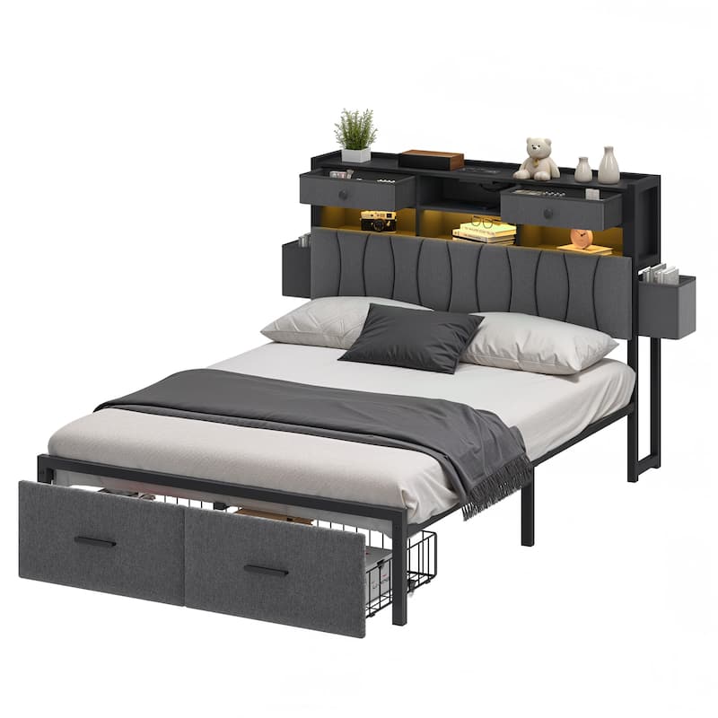 Linen Upholstered Platform Bed with Hidden Headboard Storage Charging Station and 2 Drawers
