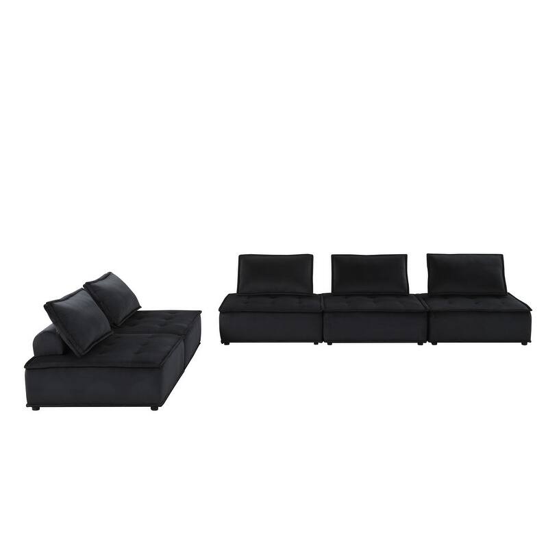 Alaya 5pc Modular Sectional Sofa with 2 Ottomans, Black Velvet Upholstery
