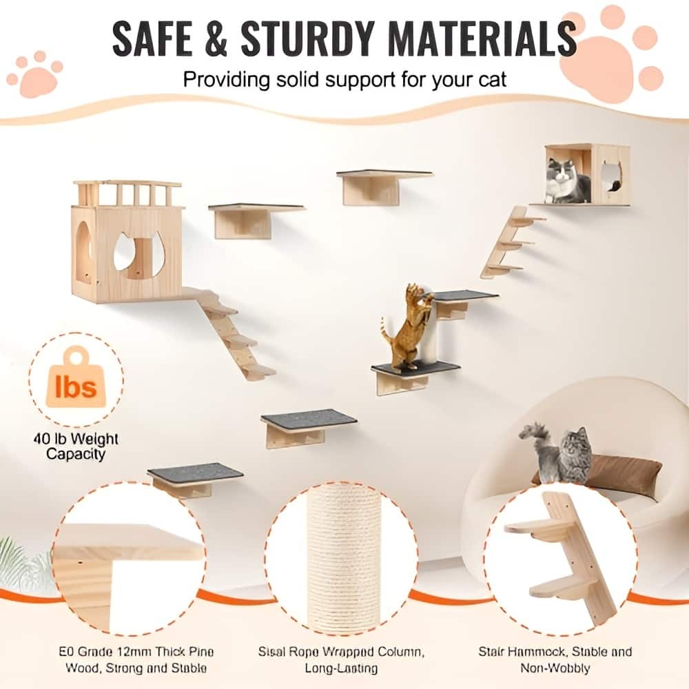 Natural Pine Wood Cat Wall Set with Hammocks, Houses & Stairs