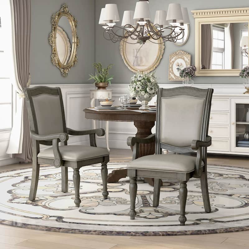 Tima Traditional Grey Faux leather Padded Dining Arm Chairs by Furniture of America (Set of 2)