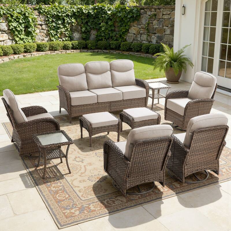 Luna 9-Piece Wicker Patio Conversation Set with Swivel Gliders and 6-Inch Thick Olefin Cushions - Beige Cushions - Brown Wicker