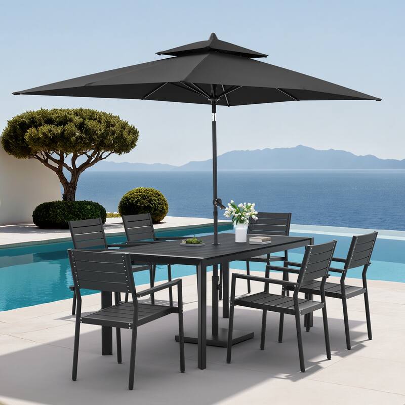 9-Piece Outdoor Patio Dining Set Wood Like Aluminum Umbrella Hole Table with Stackable Armchairs, Market Umbrella and Base - BlackTable&BlackChairs&BlackUmbrella