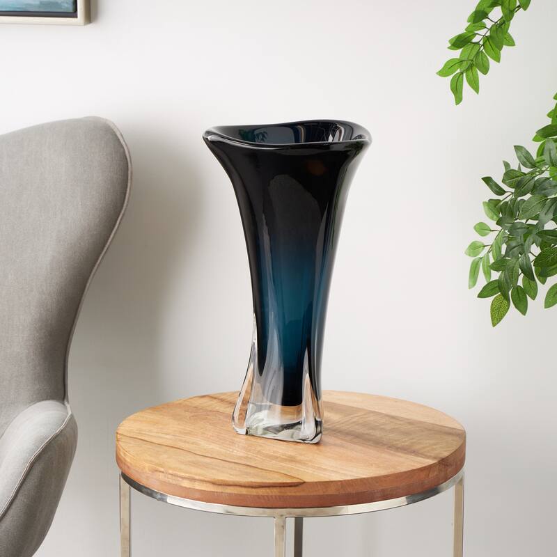 Dark Blue Glass Ombre Tulip Abstract Vase with Clear Base - Dark Blue - 10"W, 18"H