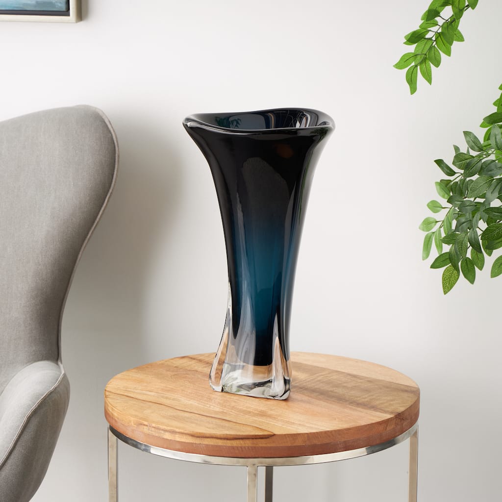 Dark Blue Glass Ombre Tulip Abstract Vase with Clear Base