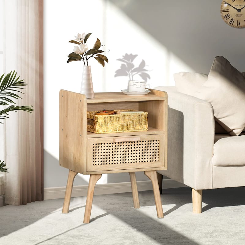 Rattan Nightstand, Boho Side Table with Drawer Open Shelf, Cane Accent Bedside End Table with Solid Wood Legs