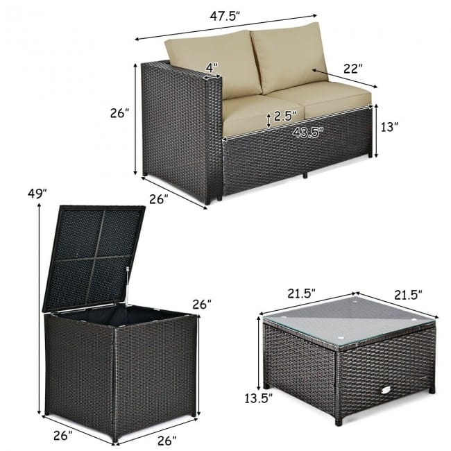 4 Pieces Outdoor Patio Rattan Furniture Set with Cushioned Loveseat and Storage Box - 47.5" x 26" x 26" (L x W x H)