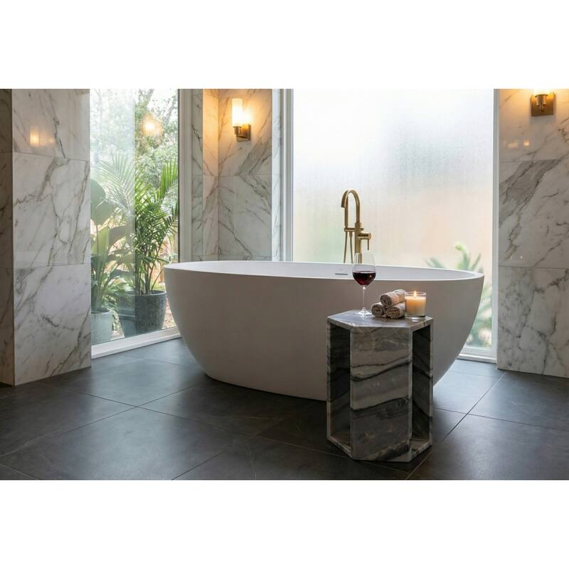 Roomfitters Luxury Natural Marble Hexagon Side Table, Solid Stone Geometric Pedestal End Table, Polished Finish