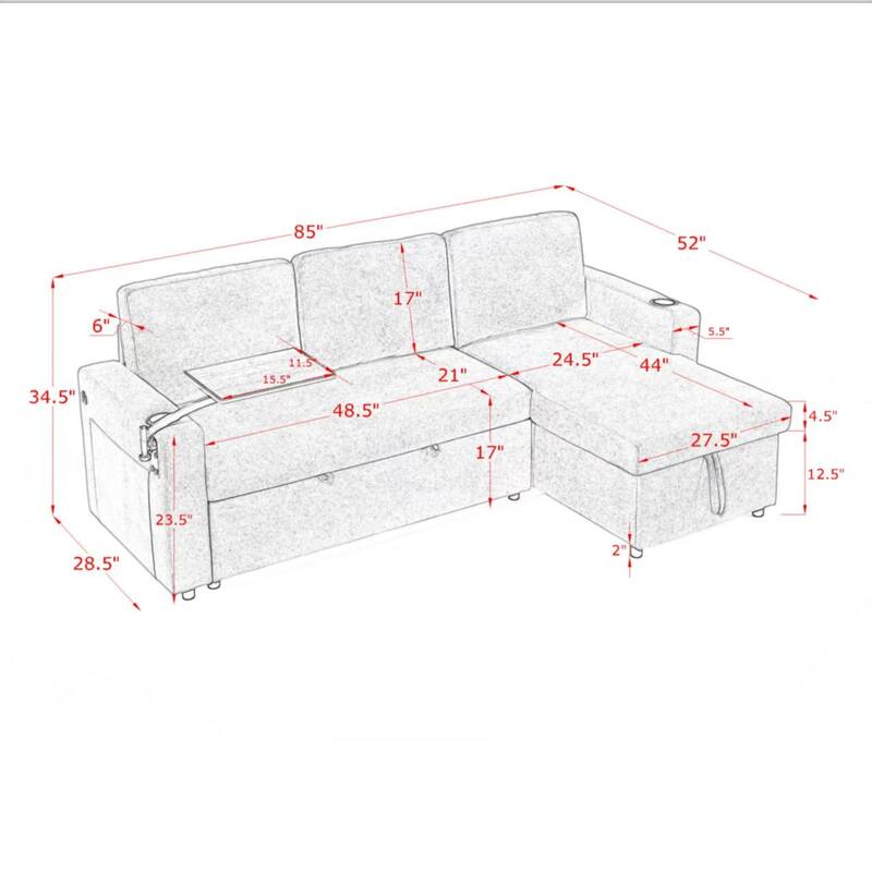 Pull Out Sleeper Sofa Bed Chenille L-shaped Sectional Couch with Storage Chaise, Retractable Table, LED, USB and Cup Holders