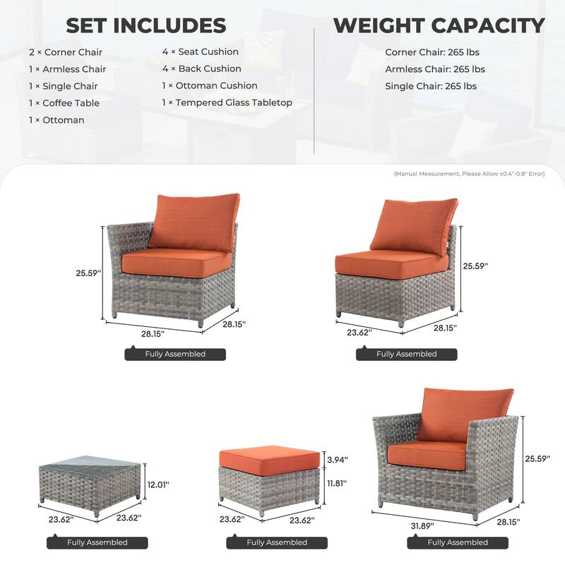 HOOOWOOO 6-piece Grey Rattan Patio Furniture Outdoor Sectional Set with Ottoman