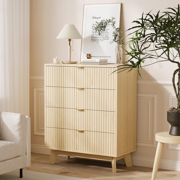 4 Drawer Dresser, 32 in Tall Mid Century Modern Dresser Drawers, Waveform Fluted Side Table, Wood Drawer Organizer - Yellow 4 Drawer Dresser, 32 in Tall Mid Century Modern Dresser Drawers, Waveform Fluted Side Table, Wood Drawer Organizer - Yellow