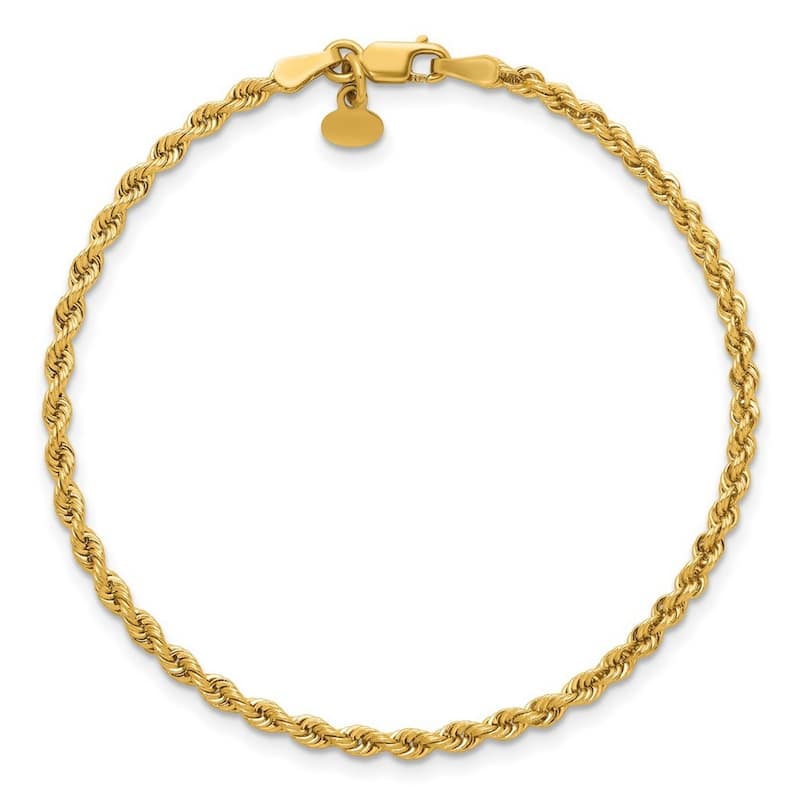 Curata 14k Yellow Gold 7" 2.5mm Solid Rope Chain Bracelet for Women