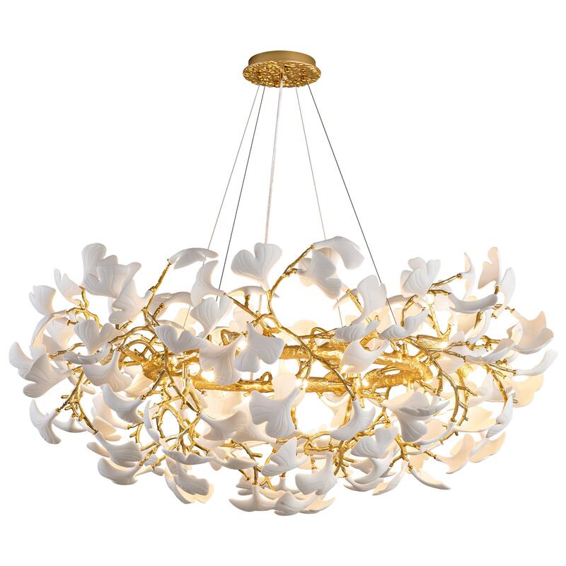 Modern Ginkgo Leaf Ceramic Chandelier, Moon Ring Round Pendant Light, D550-D1200, Gold Finish