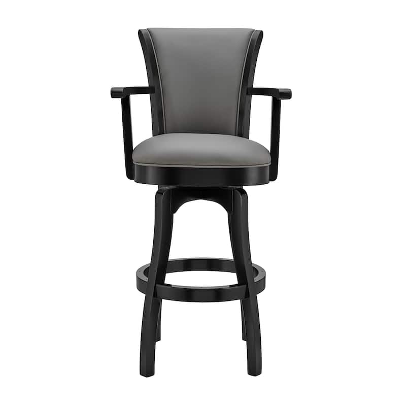 Raleigh Grey Faux Leather & Black Wood Swivel Bar/Counter Stool with Arms