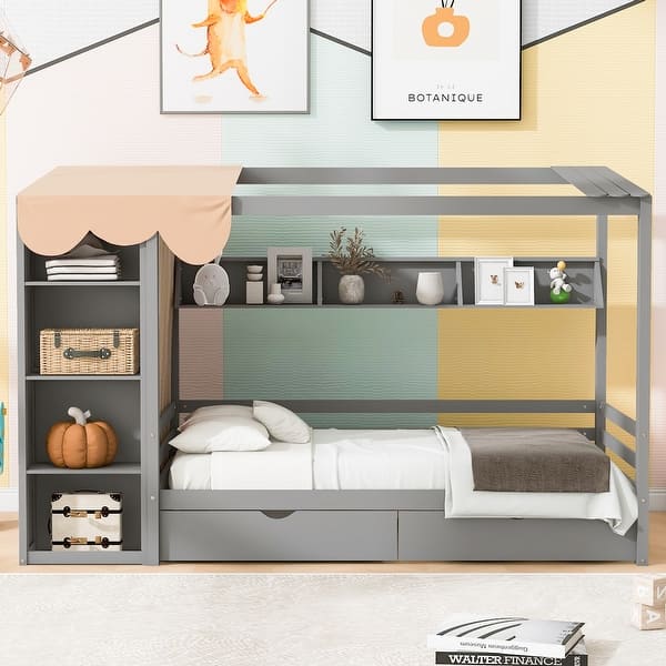 slide 2 of 13, Twin House Bed with Wardrobe & Drawers, Gray Grey