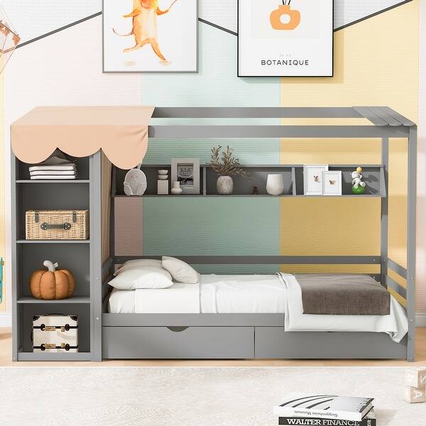 slide 2 of 18, Twin Size House Bed Platform Bed Semi-Enclosed Design with Wardrobe and Shelf for Boys Girls, No Box Spring Needed, Grey Grey - Twin