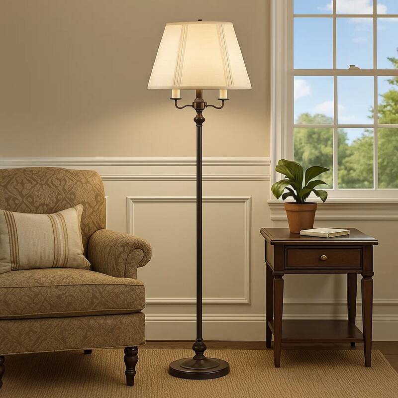 150 Watt 6 Way Metal Floor Lamp with Fabric Tapered Shade, Bronze