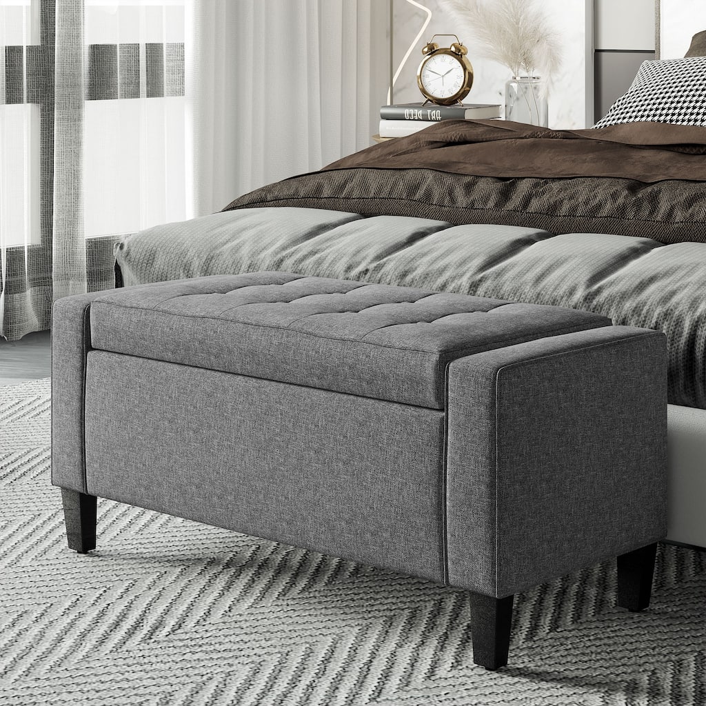 Upholstered Bench Storage Bench with Lift Top, Gray Storage Ottoman Indoor Bench Vanity Bench with Button Tufted