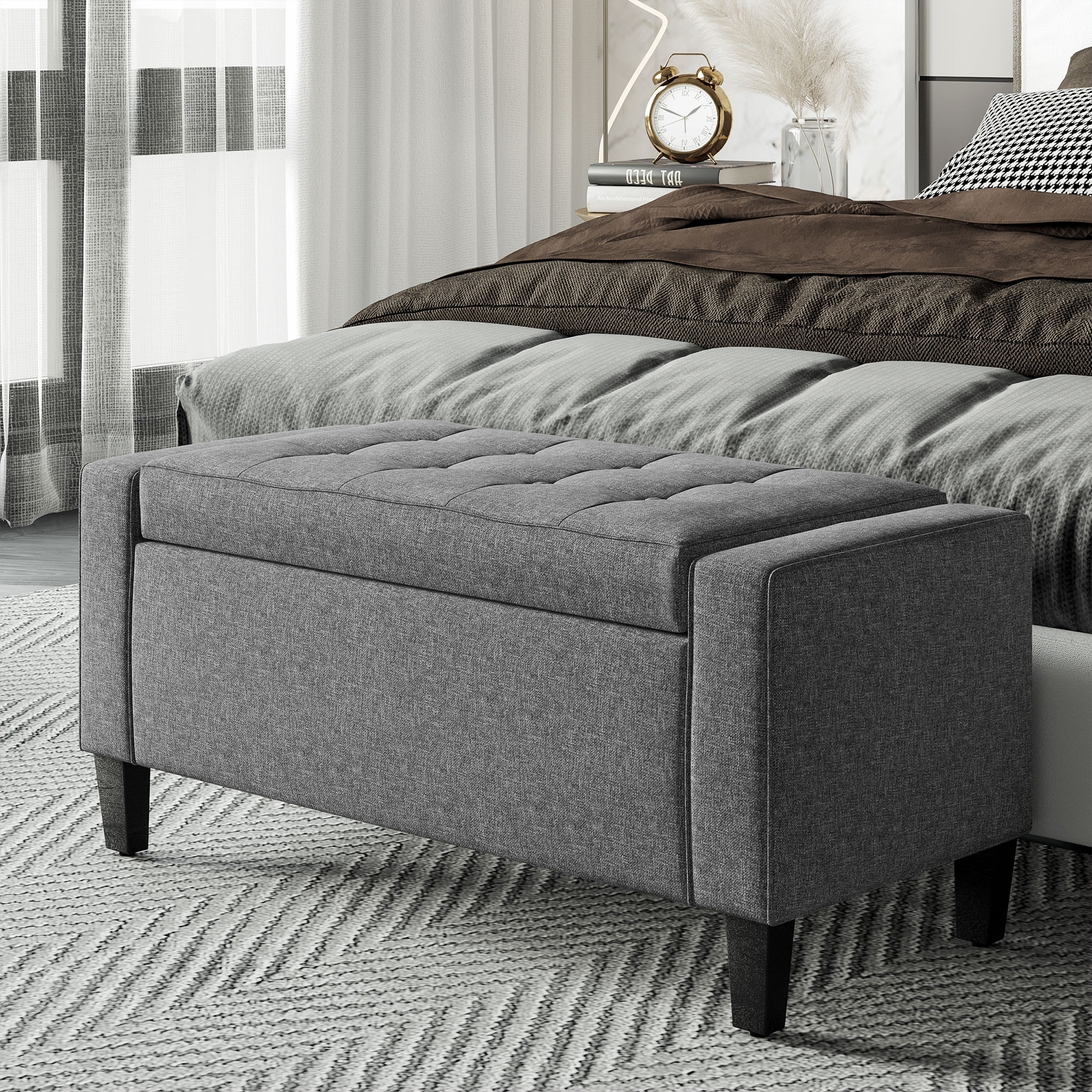 Upholstered Bench Storage Bench with Lift Top, Gray Storage Ottoman Indoor Bench Vanity Bench with Button Tufted