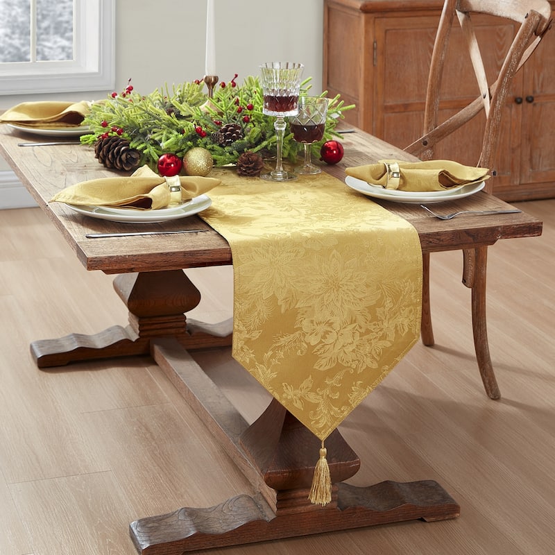 Poinsettia Elegance Jacquard Holiday Table Runner - 13"x70" - Gold