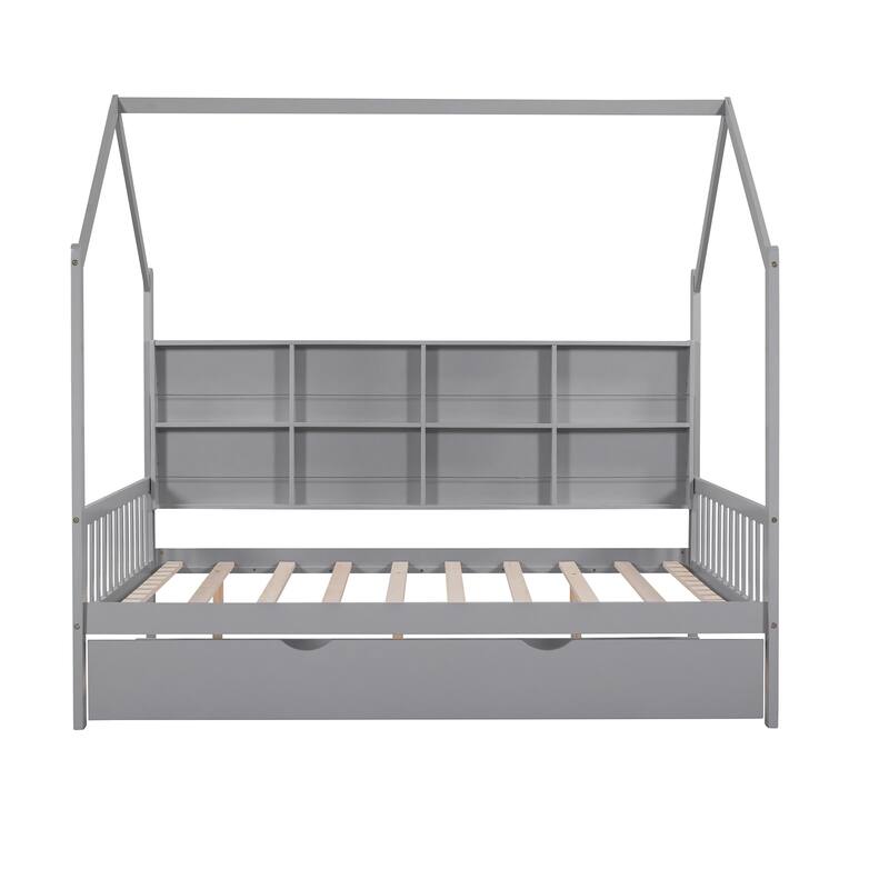Pine Kids House Platform Bed with Trundle, Shelf, and Roof