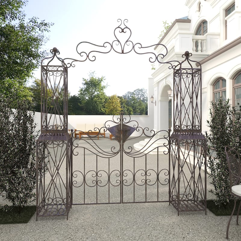 Metal Indoor Outdoor Scrollwork Arched Gate Garden Arbor with Pillars and Latch Lock Closure - Black - Roche River Decor