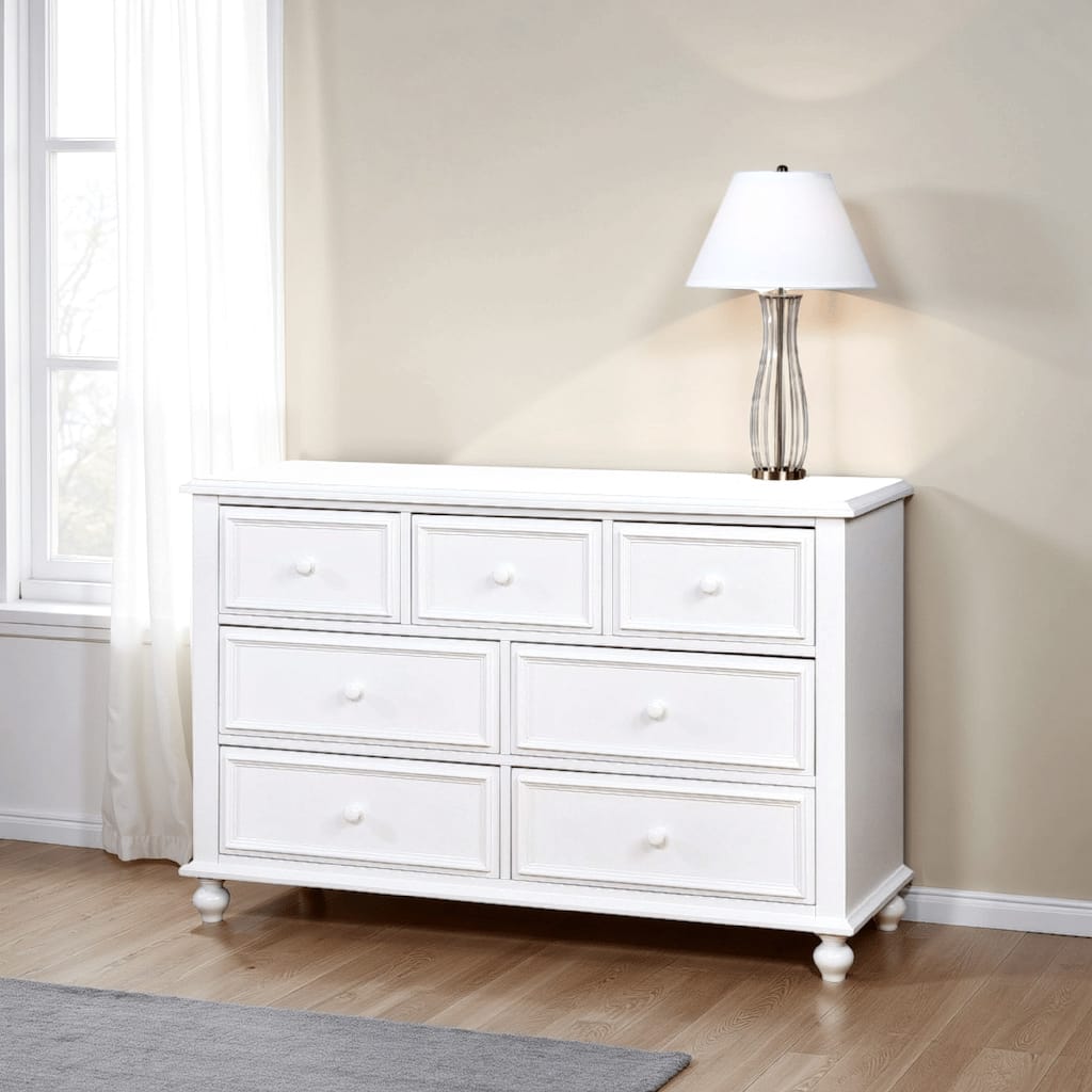 Kny Wide Dresser, 7 Drawers, Turned Feet, Traditional White Solid Wood