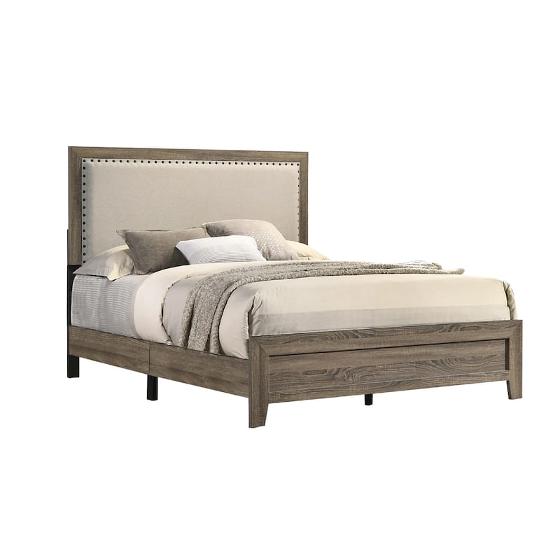 Shannon Queen Panel Bed with Nailhead Trim, Ivory Fabric, Gray Wood