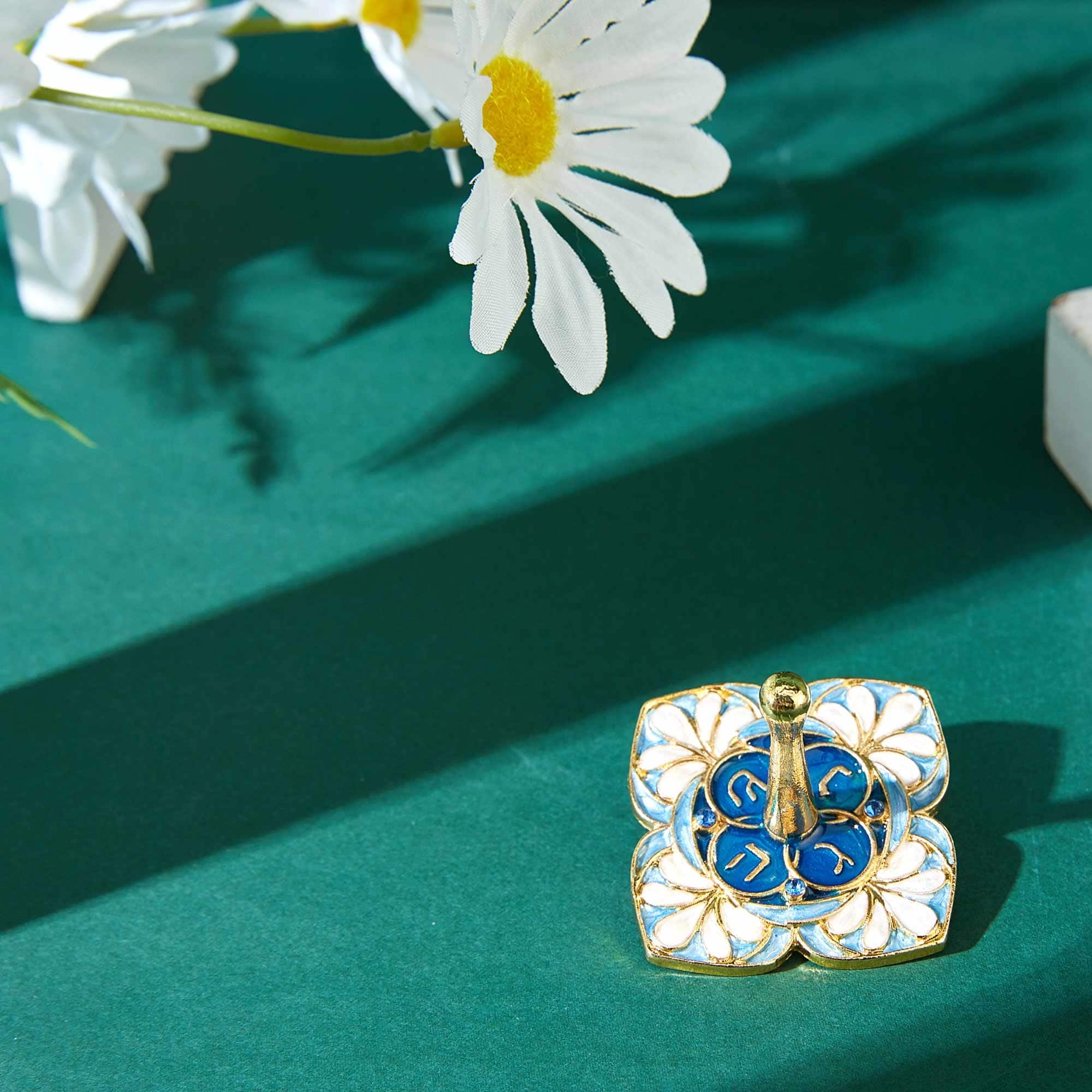 Matashi Hand Painted Blue And Ivory Flower Menorah Candelabra, W/ Gold